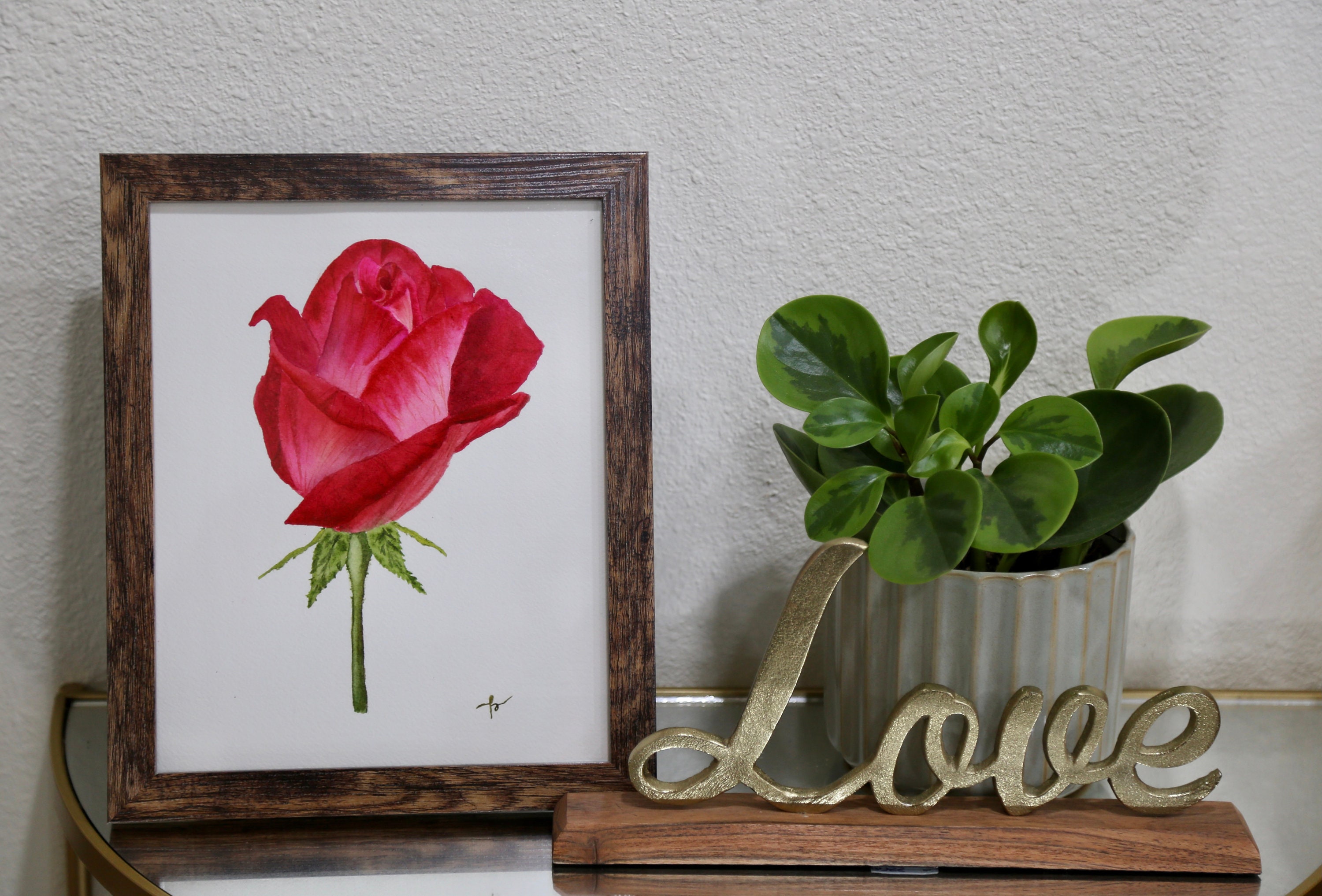 Original Watercolor Painting of a Red Rose/ Framed Painting/ Floral Art ...