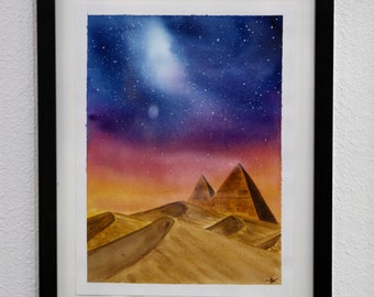 Landscape/ Watercolor painting/ Desert/ Night sky/ Pyramids