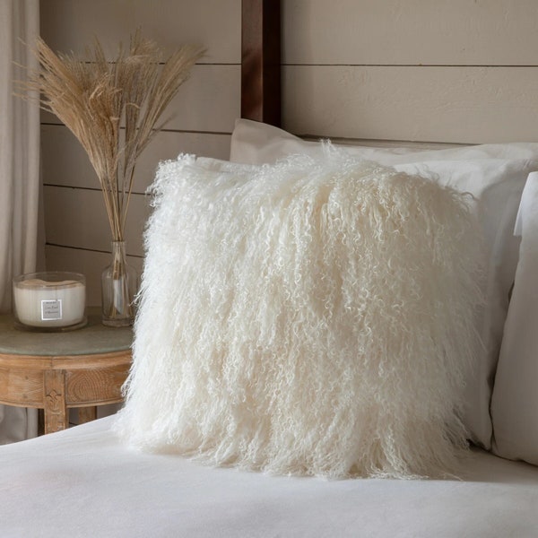 Luxury Genuine Mongolian | Tibetan Sheepskin Lamb Fur Chair Pillow Cushion Snow White With Down-Alternative Insert 16"