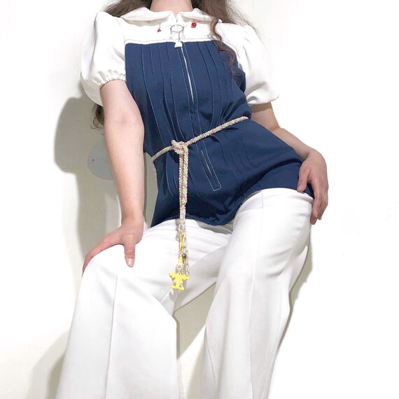 1970's Navy Blue and White 2 Pc Puff Sleeve Suit S