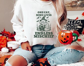 One Cat Nine Lives Endless Mischief Sweatshirt, Cute Cat Witch Hat Stirring The Pot Potion Halloween Pullover, Spooky Season Hexing Bats Top