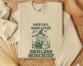 One Cat Nine Lives Endless Mischief Sweatshirt, Cute Cat Witch Hat Stirring Cauldron Spell Halloween Pullover, Spooky Season Hexing Bats Top