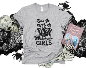 Vintage Witchy Let's Go Girls Halloween Shirt, Spooky Haunted Three Witches Black Cat Tee, Salem Witches Coven Mystic Magic Celestial Tshirt
