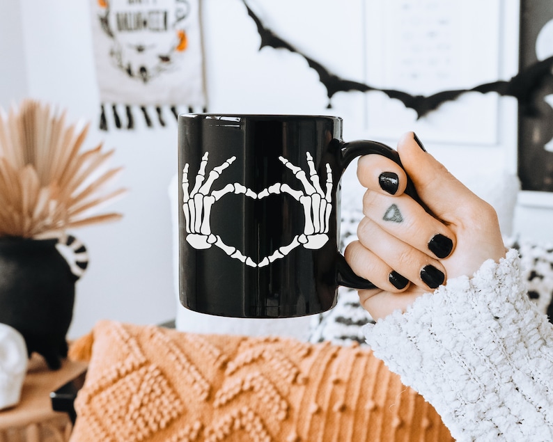 Skeleton Hands Heart Mug, Halloween Mug, Skeleton Mug, Skeleton Heart Mug, Spooky Love Mug, Cute Halloween Mug, Skeleton Love Mug image 1