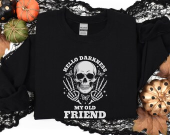 Hello Darkness My Old Friend Halloween Sweatshirt, Skull Peace Sign Skeleton Hands Pullover, Fall Spooky Season Retro Trick-Or-Treat Top