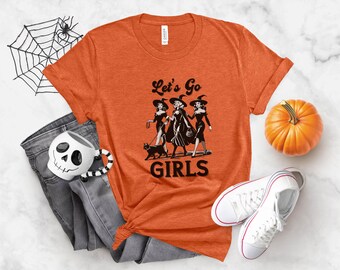 Vintage Witchy Let's Go Girls Halloween Shirt, Spooky Haunted Three Witches Black Cat Tee, Salem Witches Coven Mystic Magic Celestial Tshirt
