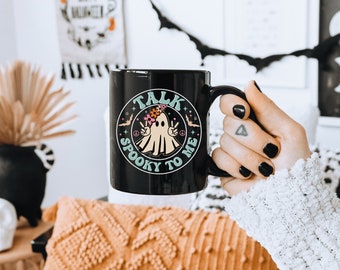 Halloween Mug, Retro Halloween Coffee Mug, Talk Spooky To Me, Funny Halloween Mug, Cute Spooky Mug, Halloween Gifts, 11oz Black Mug