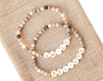 Personalized Name Beaded Bracelet, Pink Zebra Jasper Beaded Bracelet, Custom Word Bracelet, Custom Name Bracelet, Gift for Her, Mother's Day