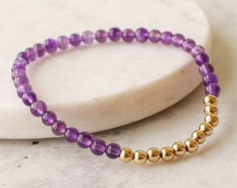 Amethyst Bracelet, Gemstone Beaded Bracelet, Purple Bracelet, Jewelry Gift for Her, Gold Beaded Bracelet, February Birthstone Bracelet Gift