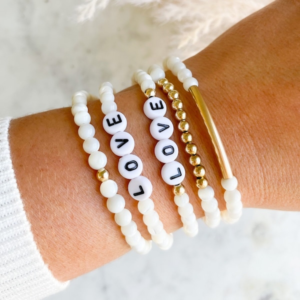 Mother of Pearl Bracelet, Personalized Beaded Bracelet, Word Bracelet, Stacking Bracelet, Gold Filled, Gift For Mom, Mother's Day Gift