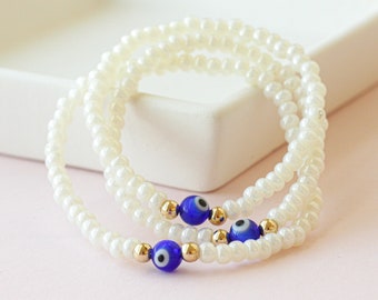 Bracelet porte-bonheur en perles de rocaille œil bleu, plaqué or 14 carats