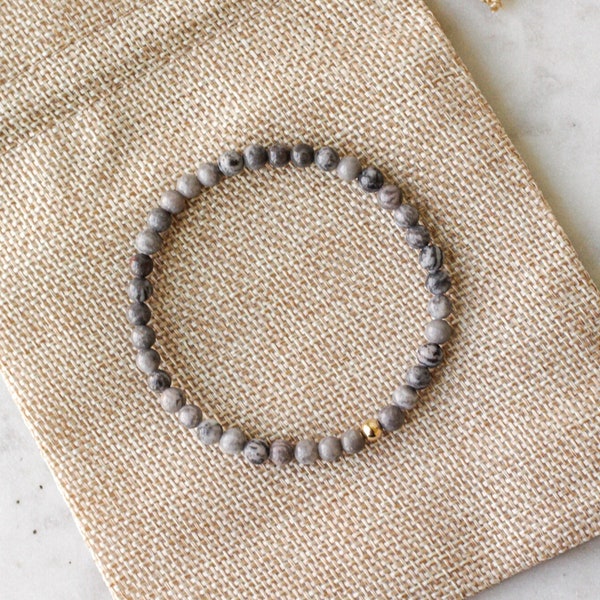 Gray Beaded Bracelet, Zebra Jasper Bracelet, Beaded Bracelet Gold, Stacked Bracelet, Layering Bracelet, Christmas Gift for Her