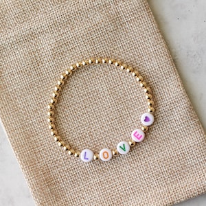 Colorful Word Bracelet, Name Beaded Bracelet, Gold Filled Beaded Bracelet, Personalized Bracelet, Dainty Gold Bracelet, Rainbow Bracelet