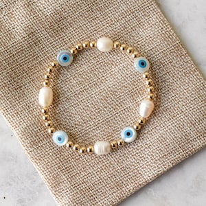 Evil Eye Bracelet, Gold Filled Bracelet, Freshwater Pearl Beaded Bracelet, Beaded Bracelet, Evil Eye Bead, Gift For Women, Mother&#39;s Day Gift