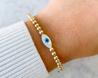 Evil Eye Bracelet, Gold Filled Bracelet, Gold Filled Beaded Bracelet, Dainty Gold Bracelet, Protection Bracelet, Valentine's Day Gift