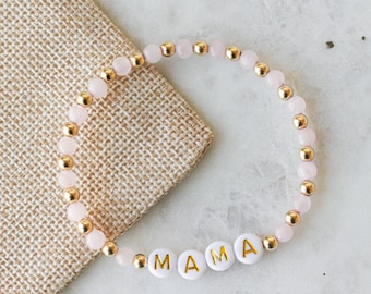 Personalized Name Bracelet, Rose Quartz Beaded Bracelet, Gold Beaded Bracelet, Rose Quartz Bracelet Gold, Mother's Day Gift, Gift for Mom