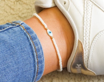 Evil Eye Anklet, White Shell Evil Eye, Boho Anklet for Women, Dainty Anklet for Women, Summer Anklet, Beaded Anklet, Summer Jewelry