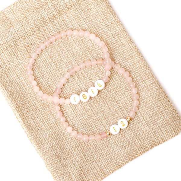 Personalized Number Bracelet, Personalized Date Bracelet, Custom Date Word Bracelet, Rose Quartz Beaded Bracelet, Rose Quartz Jewelry