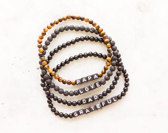 Bracelet de perles pour homme, œil de tigre, onyx, pierre de lave, cadeau personnalisé pour papa