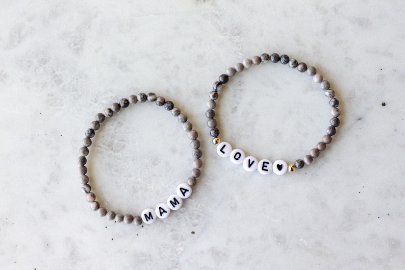 Personalized Name Bracelet, Custom Word Bracelet, Letter Bead Bracelet, Gray Beaded Bracelet, Zebra Jasper Beaded Bracelet, Gray Bracelet image 3