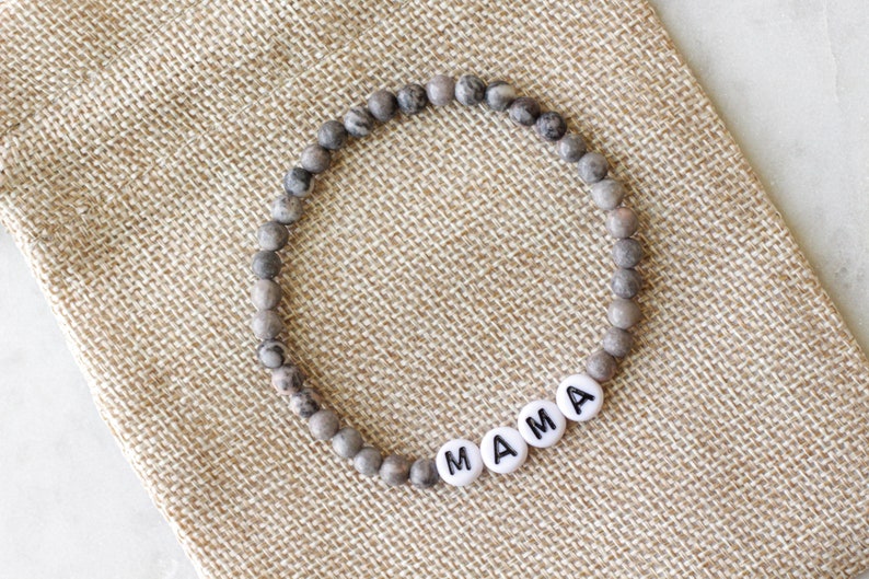 Personalized Name Bracelet, Custom Word Bracelet, Letter Bead Bracelet, Gray Beaded Bracelet, Zebra Jasper Beaded Bracelet, Gray Bracelet image 9