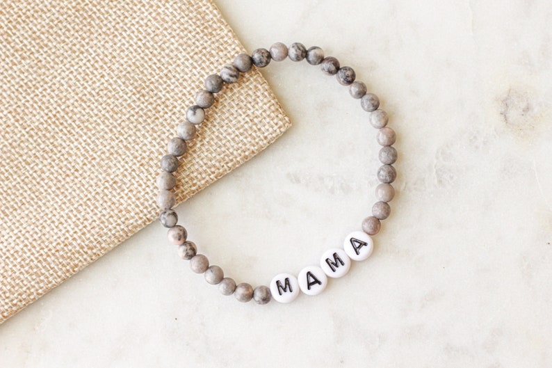 Personalized Name Bracelet, Custom Word Bracelet, Letter Bead Bracelet, Gray Beaded Bracelet, Zebra Jasper Beaded Bracelet, Gray Bracelet image 7