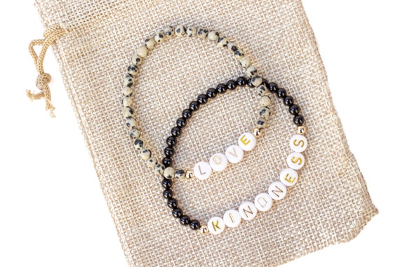Personalized Name Bracelet, Dalmatian Jasper Bracelet, Black Onyx Bracelet, Word Bracelet, Custom Name Bracelet, Personalized gift for her
