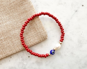 Bracelet œil turc en verre rouge tchèque, plaqué or 14 carats, perle d'eau douce
