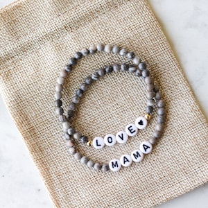 Personalized Name Bracelet, Custom Word Bracelet, Letter Bead Bracelet, Gray Beaded Bracelet, Zebra Jasper Beaded Bracelet, Gray Bracelet image 1