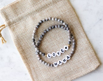 Personalized Name Bracelet, Custom Word Bracelet, Letter Bead Bracelet, Gray Beaded Bracelet, Zebra Jasper Beaded Bracelet, Gray Bracelet