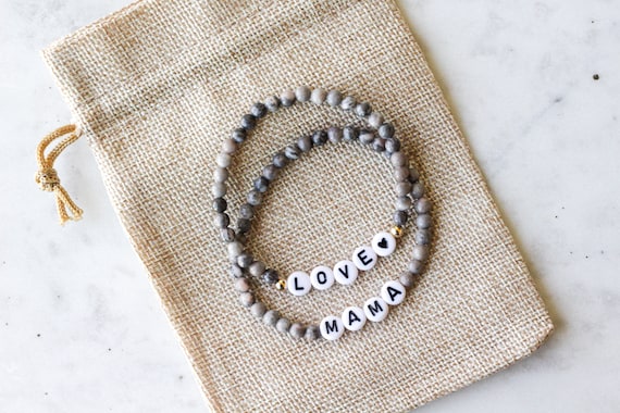 Personalized Name Bracelet, Custom Word Bracelet, Letter Bead Bracelet, Gray Beaded Bracelet, Zebra Jasper Beaded Bracelet, Gray Bracelet