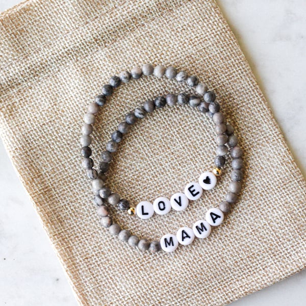 Personalized Name Bracelet, Custom Word Bracelet, Letter Bead Bracelet, Gray Beaded Bracelet, Zebra Jasper Beaded Bracelet, Gray Bracelet