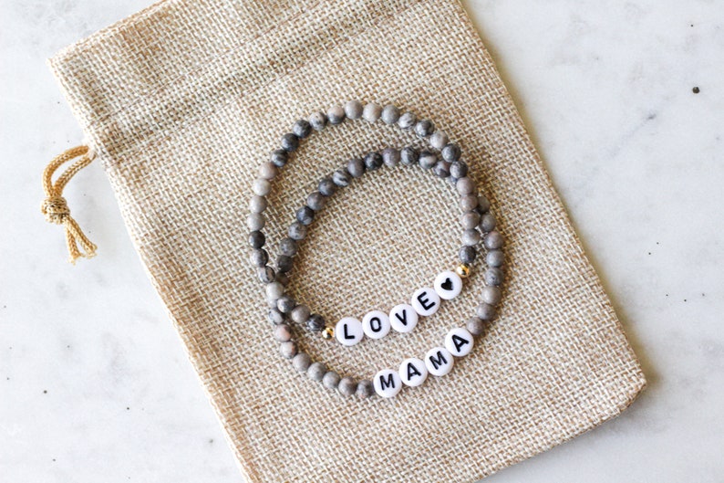 Personalized Name Bracelet, Custom Word Bracelet, Letter Bead Bracelet, Gray Beaded Bracelet, Zebra Jasper Beaded Bracelet, Gray Bracelet image 1