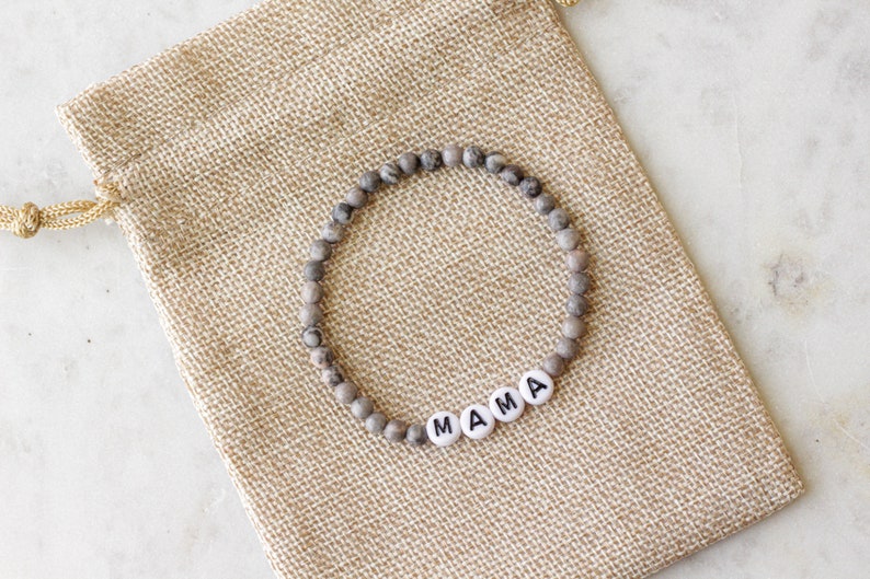 Personalized Name Bracelet, Custom Word Bracelet, Letter Bead Bracelet, Gray Beaded Bracelet, Zebra Jasper Beaded Bracelet, Gray Bracelet #1 No Gold Beads