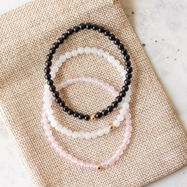 Gemstone Beaded Bracelet, Rose Quartz Bracelet, White Jade Bracelet, Black Onyx Bracelet, Dainty Beaded Bracelet, Bracelet for Women