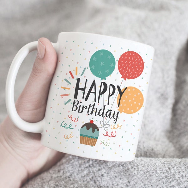 Happy birthday coffee mug, colored birthday mug, balloon mug, funny birthday gift, birthday mug, birthday wish mug, birthday gift for her