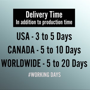 May include: Black and white text on a light blue background with a gradient. The text reads "Delivery Time" in addition to production time.  The text also includes estimated delivery times for the United States, Canada, and Worldwide.  The text states that the delivery times are in working days.