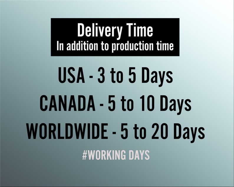 May include: Black and white text on a light blue background with a gradient. The text reads "Delivery Time" in addition to production time.  The text also includes estimated delivery times for the United States, Canada, and Worldwide.  The text states that the delivery times are in working days.