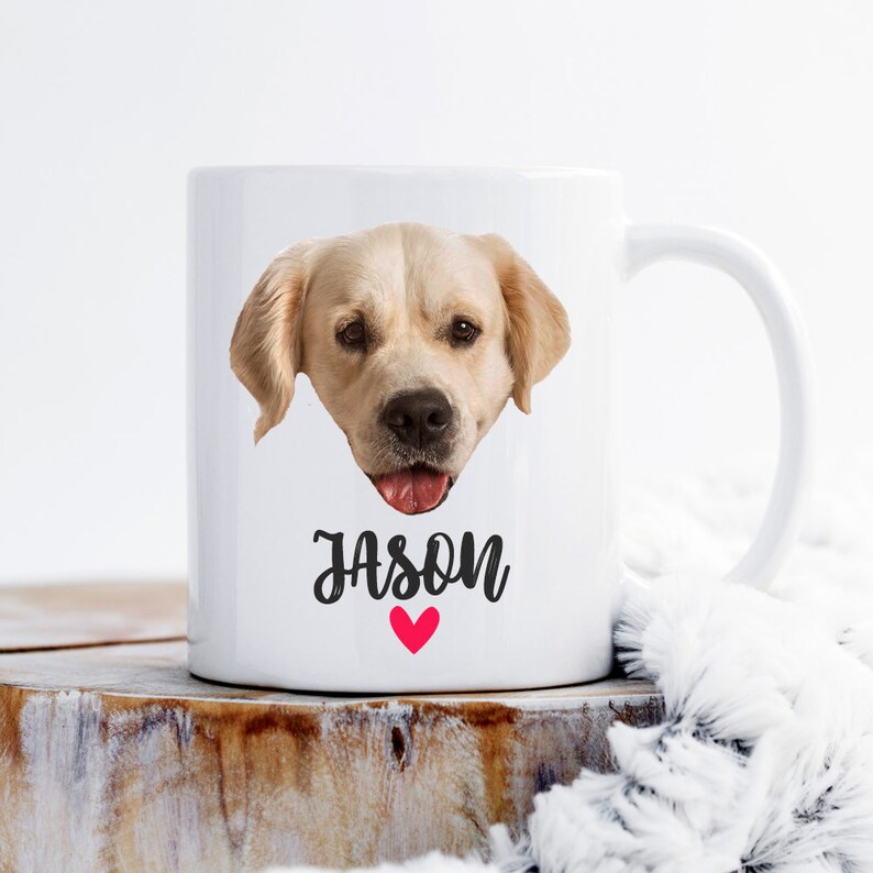May include: White ceramic mug with a photo of a golden retriever dog's face and the name "Jason" printed in black with a red heart below.