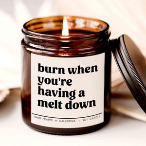 May include: A brown glass candle with a white label that reads "burn when you're having a melt down". The candle is hand poured in California and is a soy candle.