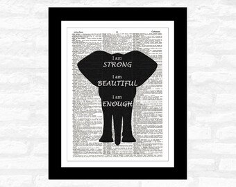 Black Elephant Wall Art Print on Original DICTIONARY PAGE Inspirational Quote - Upcycled Vintage Motivational Wall Art Decor - Unframed