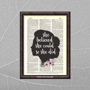 She Believed She Could - Inspirational Quote Wall Art Print on Original DICTIONARY PAGE - Home Office Upcycled Vintage Wall Decor - Unframed