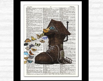 Vintage Shoe Butterfly House Wall Art Print on Original DICTIONARY Page - Wall Home Decor – Unframed Authentic Upcycled Vintage Prints