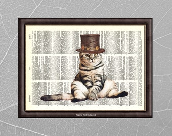 Cat in Hat Wall Art Print on ORIGINAL DICTIONARY PAGE - Vintage Upcycled Home Wall Art Decor - Unframed