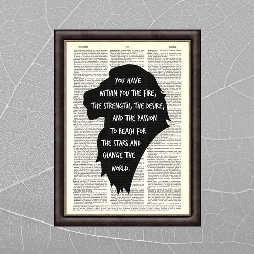 Lion Wall Art Print Inspirational Quote on Original DICTIONARY Etsy