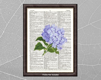 Blue Vintage Hortensia DICTIONARY ART PRINT - Botanical Wall Art Decor - Flower Upcycled Dictionary Page - Unframed