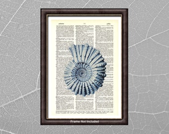 Blue Shell DICTIONARY ART PRINT - Beach Wall Art - Vintage Upcycled Dictionary Page - Unframed