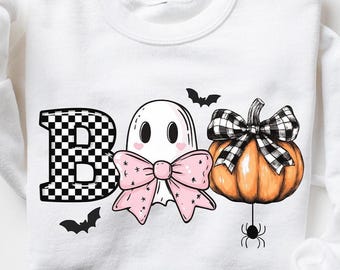 Retro Halloween PNG, Ghost Coquette Sublimation Design, Digital Spooky Season PNG, Cute Boo Download, Pink Bow Plaid Pumpkin Fall Clipart