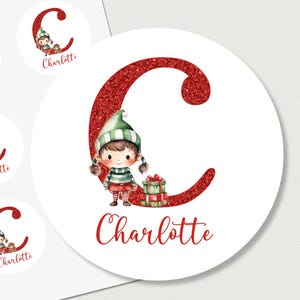 Elf Christmas Labels Personalized, Initial and Name Gift Wrap Stickers for Girls Boys, Bright Kids Holiday Stickers, Cute Custom Xmas Tags
