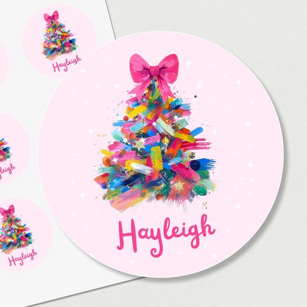 Personalized Christmas Tags for Girls, Coquette Xmas Tree Gift Wrap Labels, Trendy Girly Pink Bow Tags, Cute Custom Holiday Name Stickers